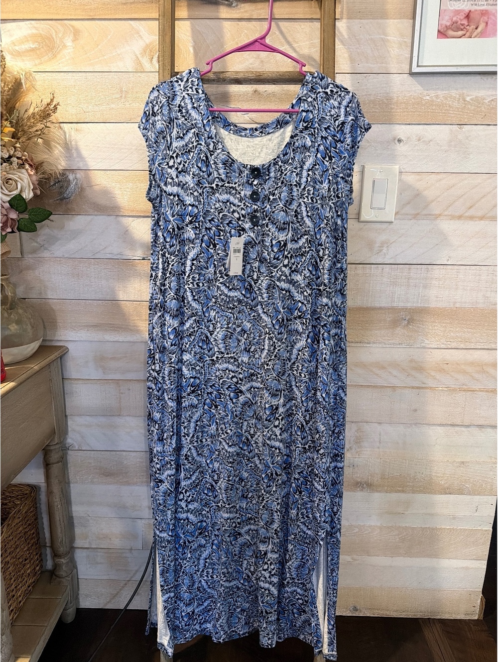 J. Jill Blue and White Patterned Maxi Dress with Button Detail, Size Small, New